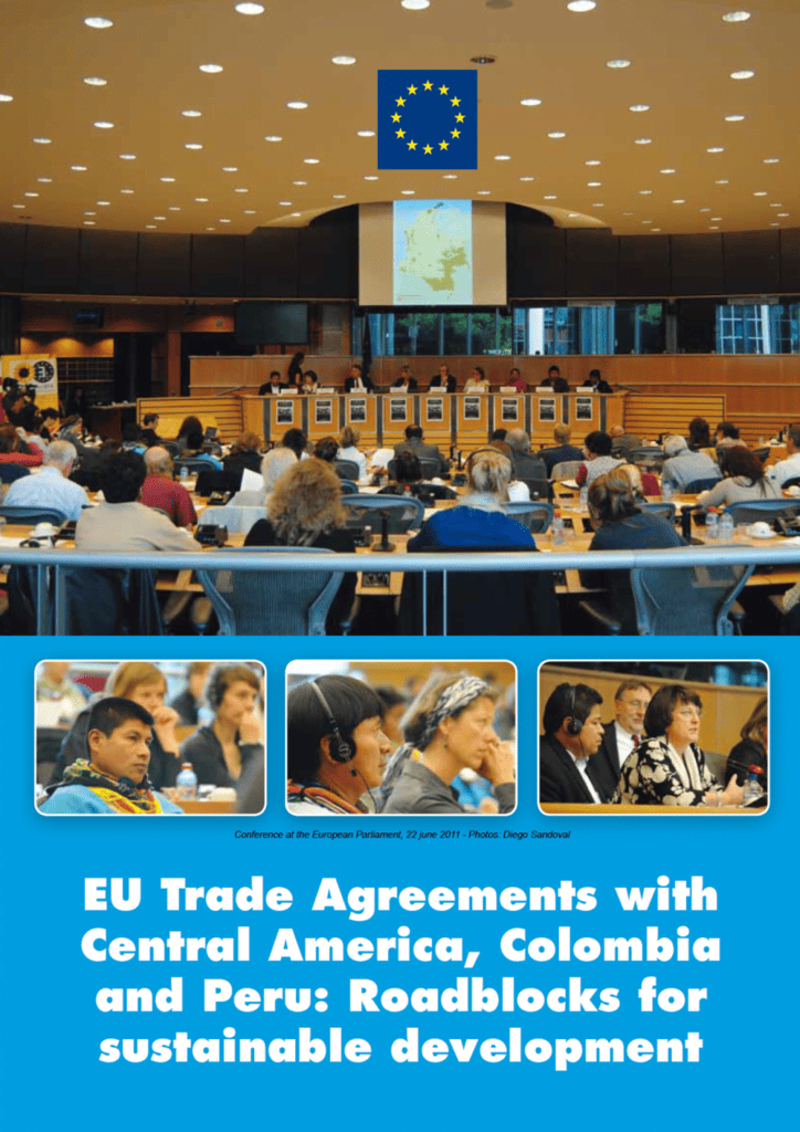 Cover of a report from a conference at the European Parliament on EU trade agreements with Latin American countries, raising concerns about their impact on sustainable development.