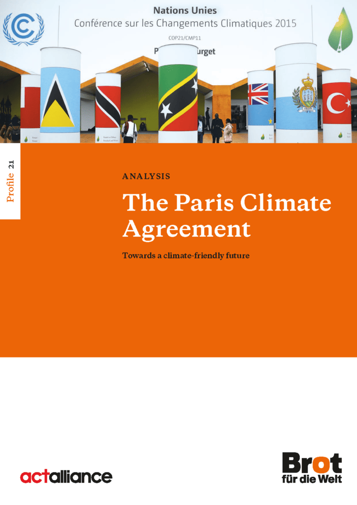 Cover page of an analysis report on The Paris Climate Agreement, showcasing the entrance to the United Nations Climate Change Conference 2015, with flags of participating nations.