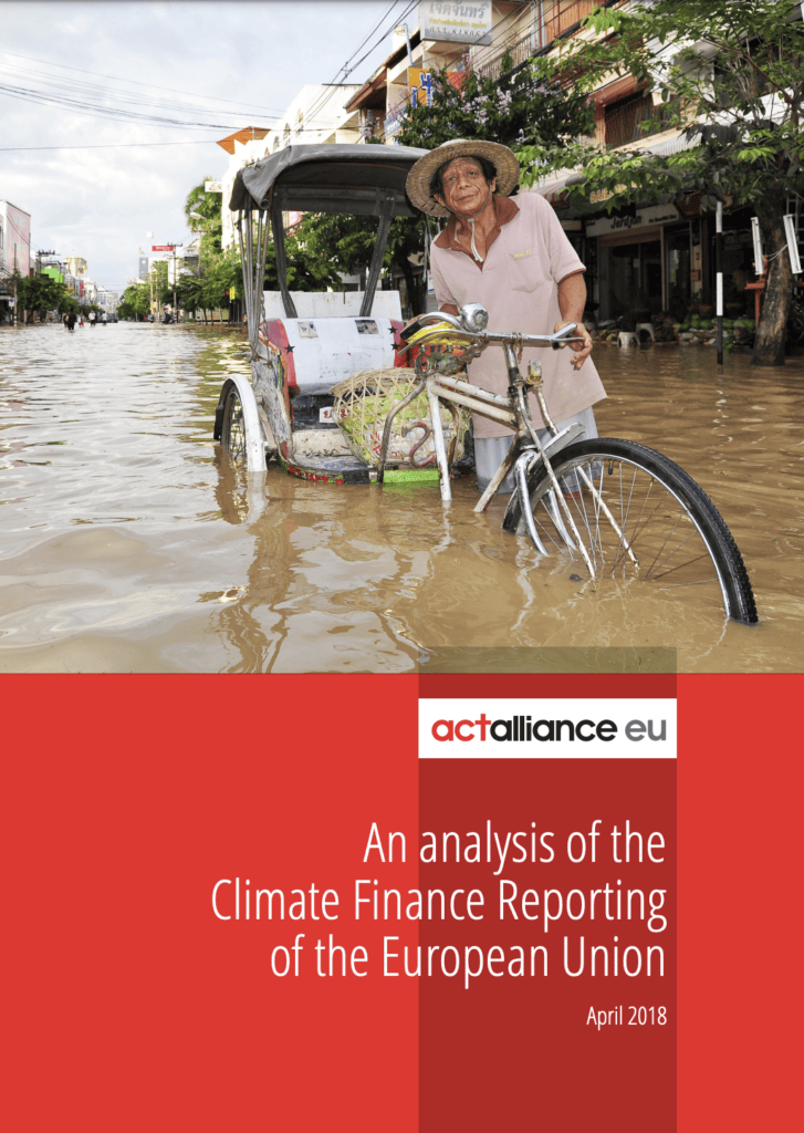 Cover of a document titled "An analysis of the Climate Finance Reporting of the European Union," featuring a person standing next to a bicycle rickshaw in a flooded street.
