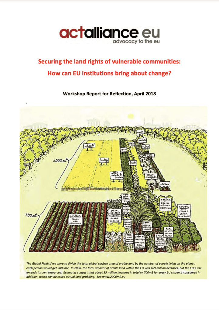 Cover of the document entitled "Securing the Land Rights of Vulnerable Communities, written in 2018 by ACT Alliance EU
