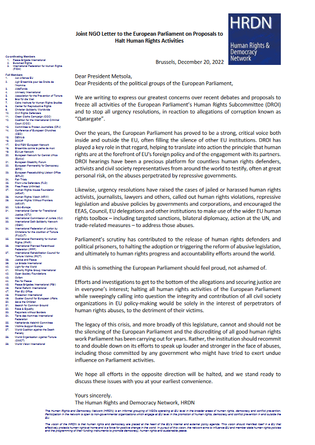 Image of a letter from the Human Rights and Democracy Network addressed to the European Parliament, expressing concerns about proposals to halt the activities of the European Parliament’s Human Rights Subcommittee in response to the “Qatargate” allegations.