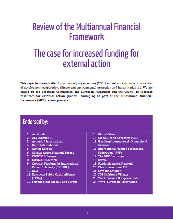 Cover page of a document titled 'Review of the Multiannual Financial Framework: The case for increased funding for external action', endorsed by a list of civil society organisations, advocating for more resources in the European Commission's budget for global development, environmental protection, and humanitarian aid.