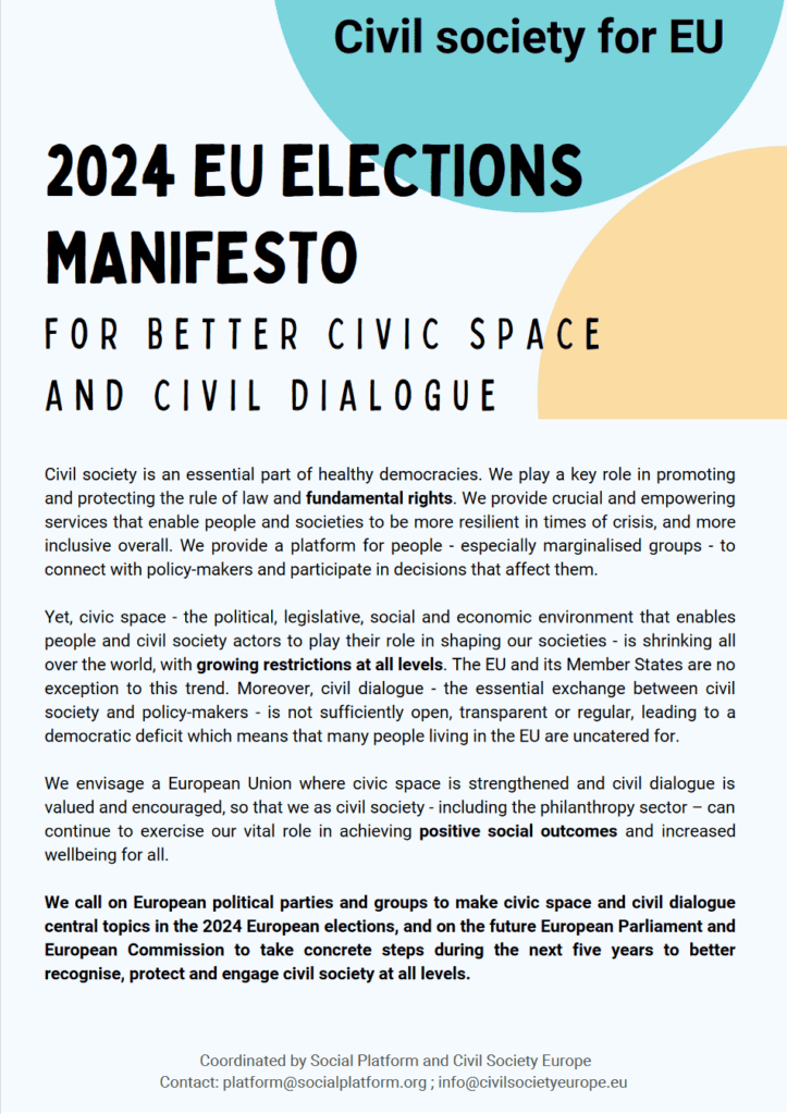 Cover of a manifesto document titled 'Civil society for EU 2024 EU ELECTIONS MANIFESTO FOR BETTER CIVIC SPACE AND CIVIL DIALOGUE'.