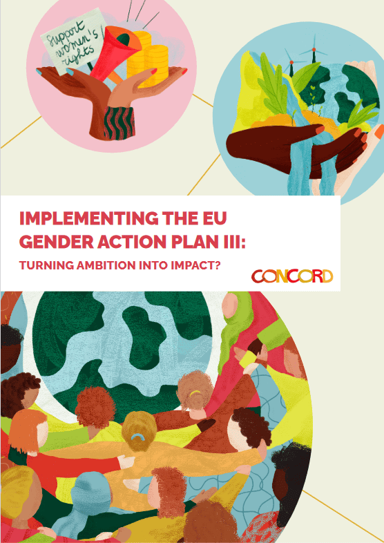 The cover of a report by CONCORD, titled 'Implementing the EU Gender Action Plan III: Turning Ambition into Impact?'. The cover features colourful illustrations symbolising support for women's rights, environmental care, and global unity.