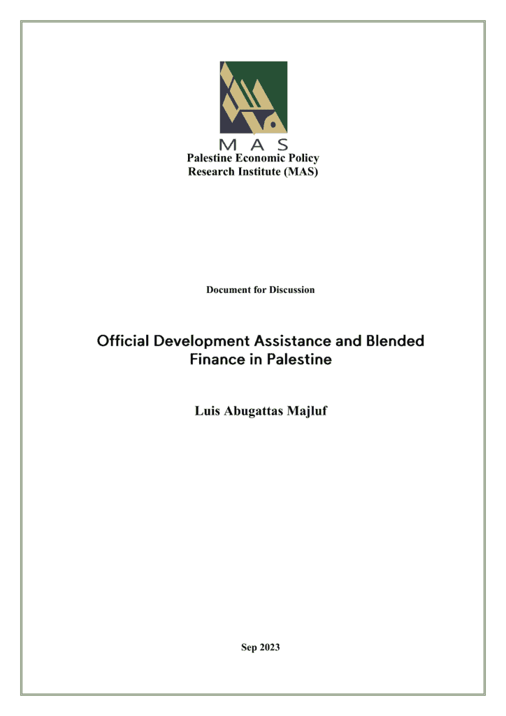 Cover page of a report by the Palestine Economic Policy Research Institute (MAS) titled "Official Development Assistance and Blended Finance in Palestine" by Luis Abugattas Majluf