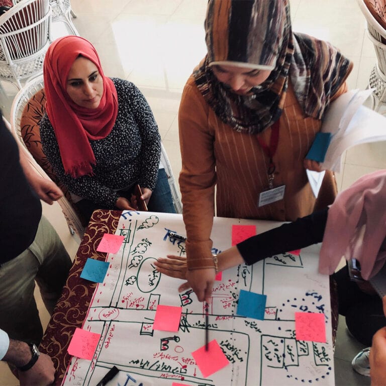 A group of women in Jerusalem wearing patterned headscarves strategise over a large piece of paper covered in post-it notes.