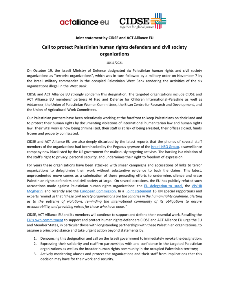 Cover page of statement calling to protect Palestinian HRDs and civil society organisations