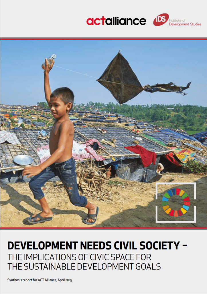 Cover page of the ACT Alliance synthesis report titled 'DEVELOPMENT NEEDS CIVIL SOCIETY - THE IMPLICATIONS OF CIVIC SPACE FOR THE SUSTAINABLE DEVELOPMENT GOALS', showing a child flying a kite in a settlement area.
