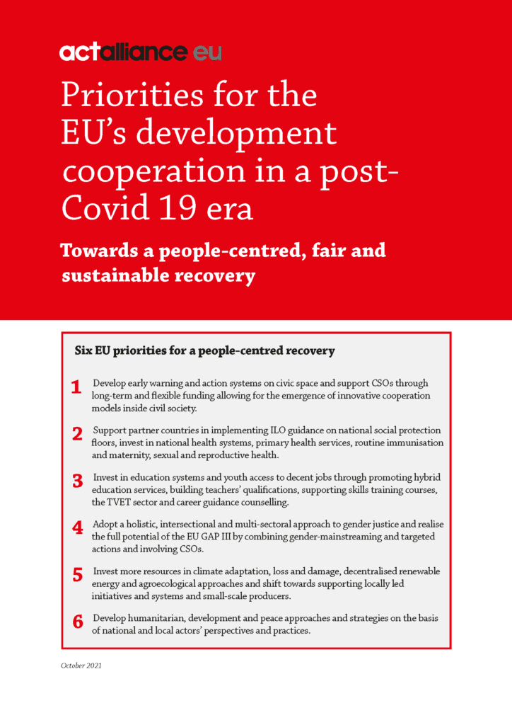 Cover page for ACT Alliance EU's policy document 'Priorities for the EU’s development cooperation in a post-Covid 19 era', outlining six key areas for a people-centred, fair, and sustainable recovery.