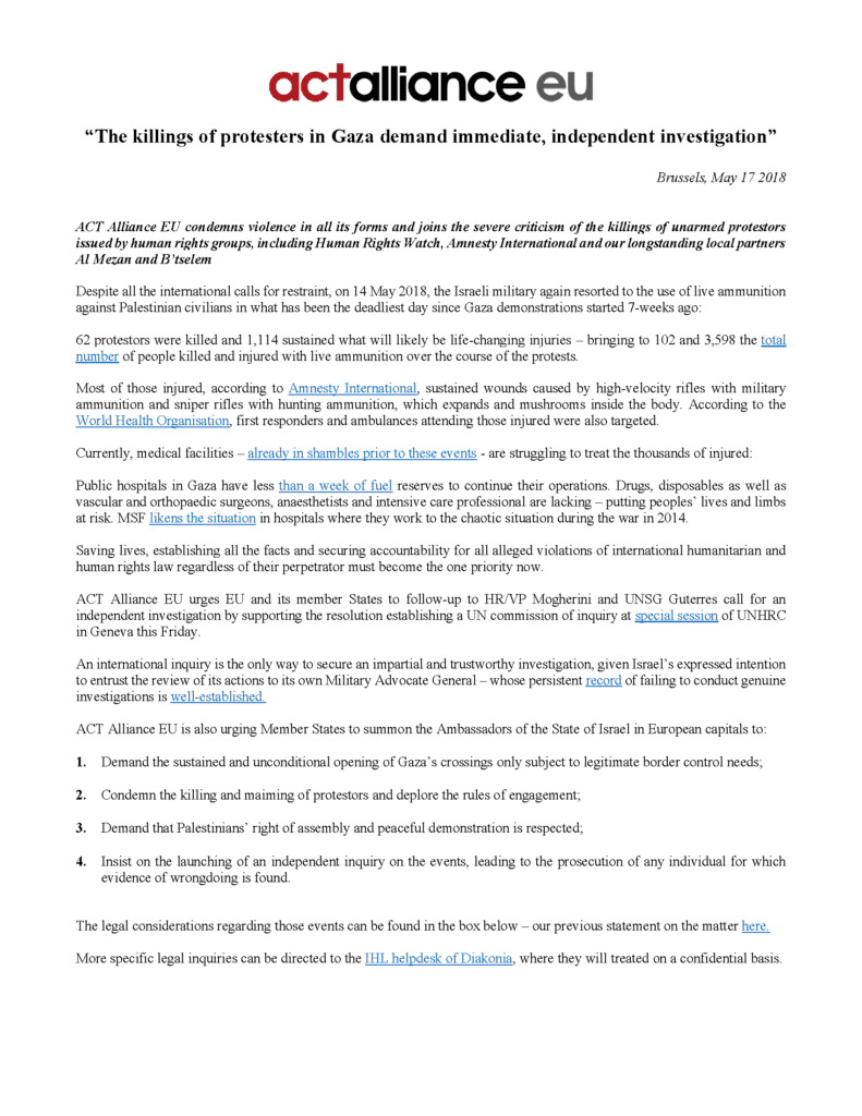 Document titled 'The killings of protesters in Gaza demand immediate, independent investigation' by ACT Alliance EU, dated Brussels, May 17, 2018, advocating for action against violence in Gaza.
