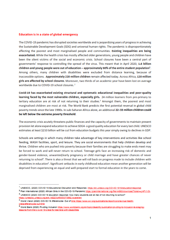First page of a civil society position paper discussing the global emergency state of education due to the COVID-19 pandemic, with references to UNICEF and UNESCO reports.