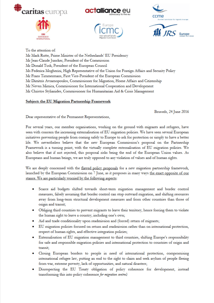 A letter addressed to various EU officials, including Mr. Mark Rutte and Mr. Jean-Claude Juncker, from Caritas Europa and ACT Alliance EU among others, dated Brussels, 24 June 2016, expressing concerns over the EU Migration Partnership Framework.