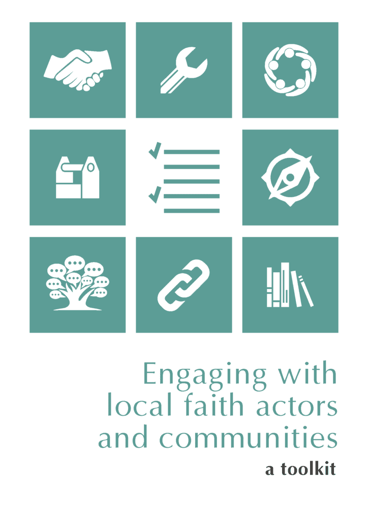 Cover page of a toolkit titled 'Engaging with local faith actors and communities', featuring icons representing collaboration, resources, community, documentation, vision, growth, connection, and education.