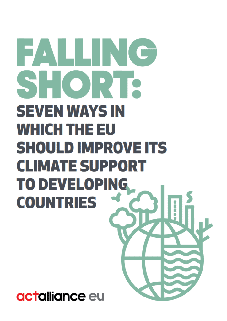 Cover page of an ACT Alliance EU report titled 'Falling Short: Seven Ways in Which the EU Should Improve Its Climate Support to Developing Countries'. The cover features a stylized green graphic of a globe with elements representing urban and natural environments, suggesting a focus on sustainable development and environmental policy.