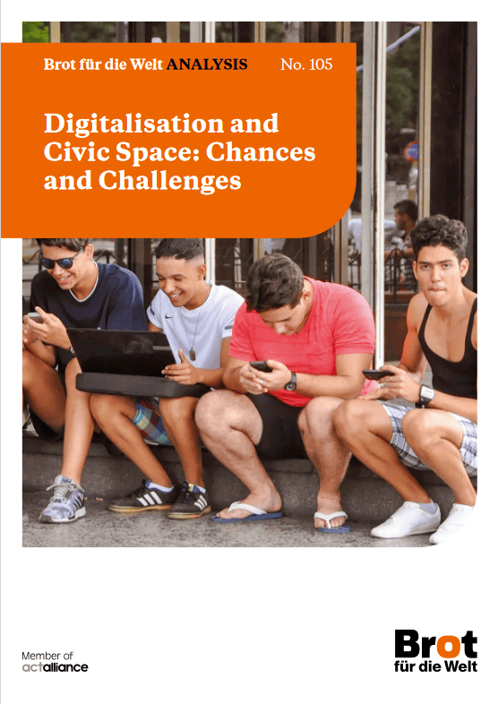 Cover of the "Brot für die Welt ANALYSIS No. 105" report, featuring a photo of young people engaged with various digital devices, representing the intersection of digitalisation and civic space.