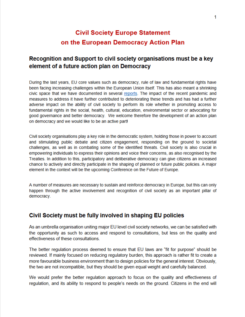 A statement document from Civil Society Europe emphasizing the importance of recognizing and supporting civil society organizations in the European Democracy Action Plan for a more robust democratic process.