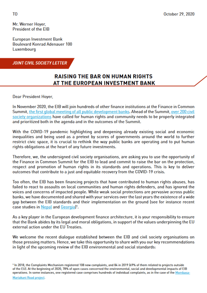 A letter addressed to EIB President Werner Hoyer from civil society organizations, dated October 29, 2020, advocating for the integration of human rights and community needs into the European Investment Bank's operations.