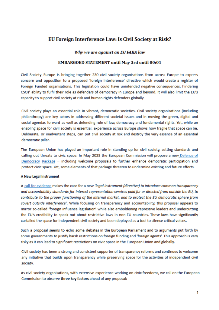 A document expressing Civil Society Europe's concerns regarding the proposed EU legislation on foreign interference, which they believe could put civil society at risk by limiting democratic freedoms and the activities of civil organisations.