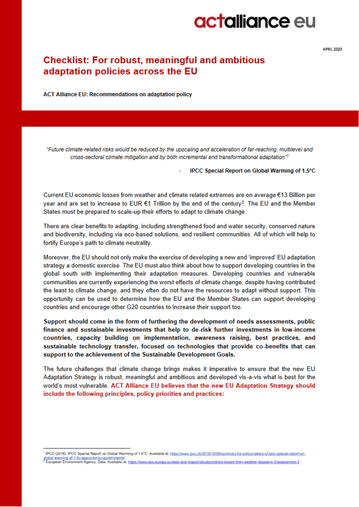 A document from ACT Alliance EU outlining a checklist for robust, meaningful, and ambitious adaptation policies across the European Union, with references to the IPCC Special Report and EU economic forecasts.