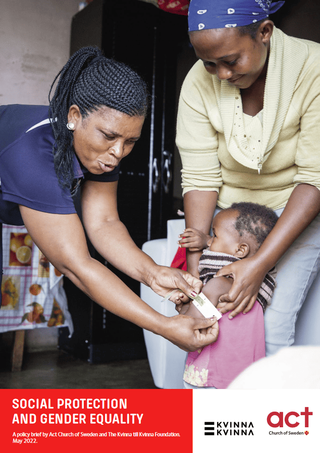Cover image for a policy brief titled "Social Protection and Gender Equality" showing a healthcare worker administering care to a child held by a woman, highlighting the human aspect of social welfare and gender issues.