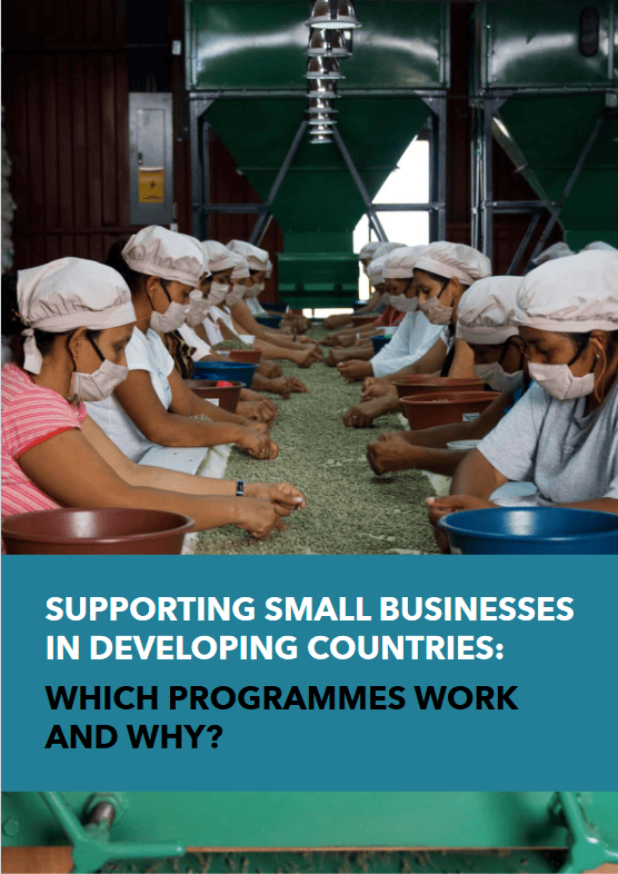 The cover of a report showcasing a row of workers in a production line, all wearing white hats and masks, meticulously sorting coffee beans. The title text overlays the image, addressing the effectiveness of programs supporting small businesses in developing countries.