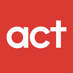 The word 'act' in white on a red square background