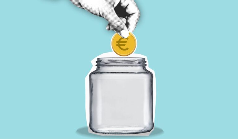 Illustration of a hand placing a euro coin into a clear glass jar against a teal background.
