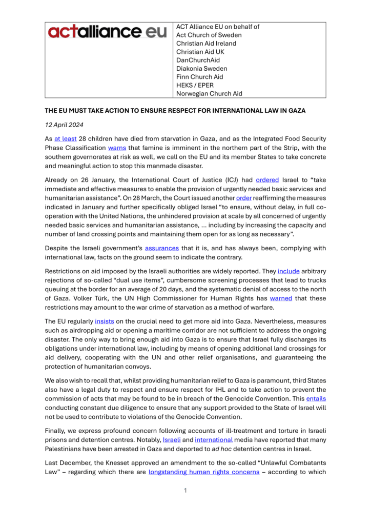 First page of ACT Alliance EU statement on Gaza