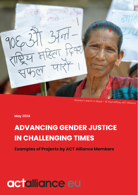 The upper part of the booklet cover shows a woman holding a protest sign during a march for women's rights in Nepal.