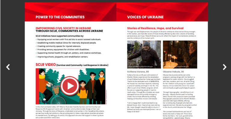 Two page spread of report on humanitarian response in Ukraine