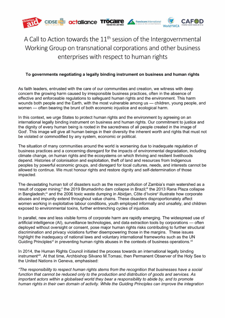Faith leaders' joint call to action for a binding UN treaty on business and human rights, with logos of supporting organisations.