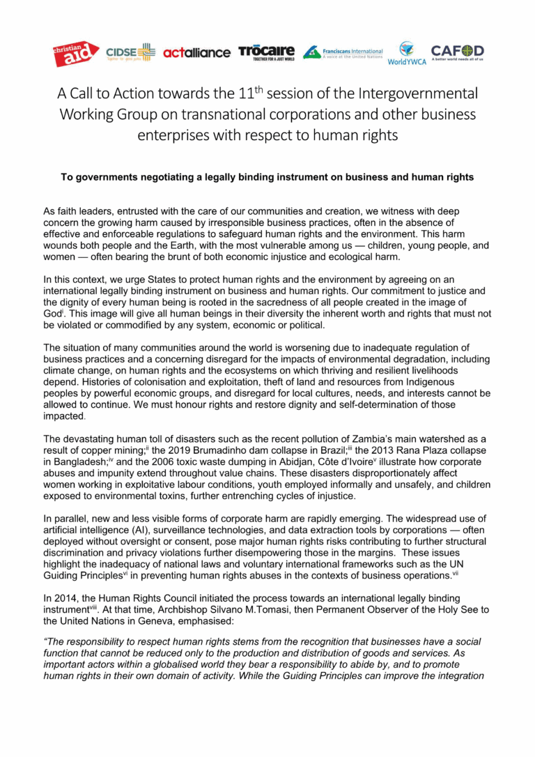 Faith leaders' joint call to action for a binding UN treaty on business and human rights, with logos of supporting organisations.