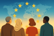 llustration of diverse people looking at a map of the world with the European Union stars above them, symbolising unity and shared values.
